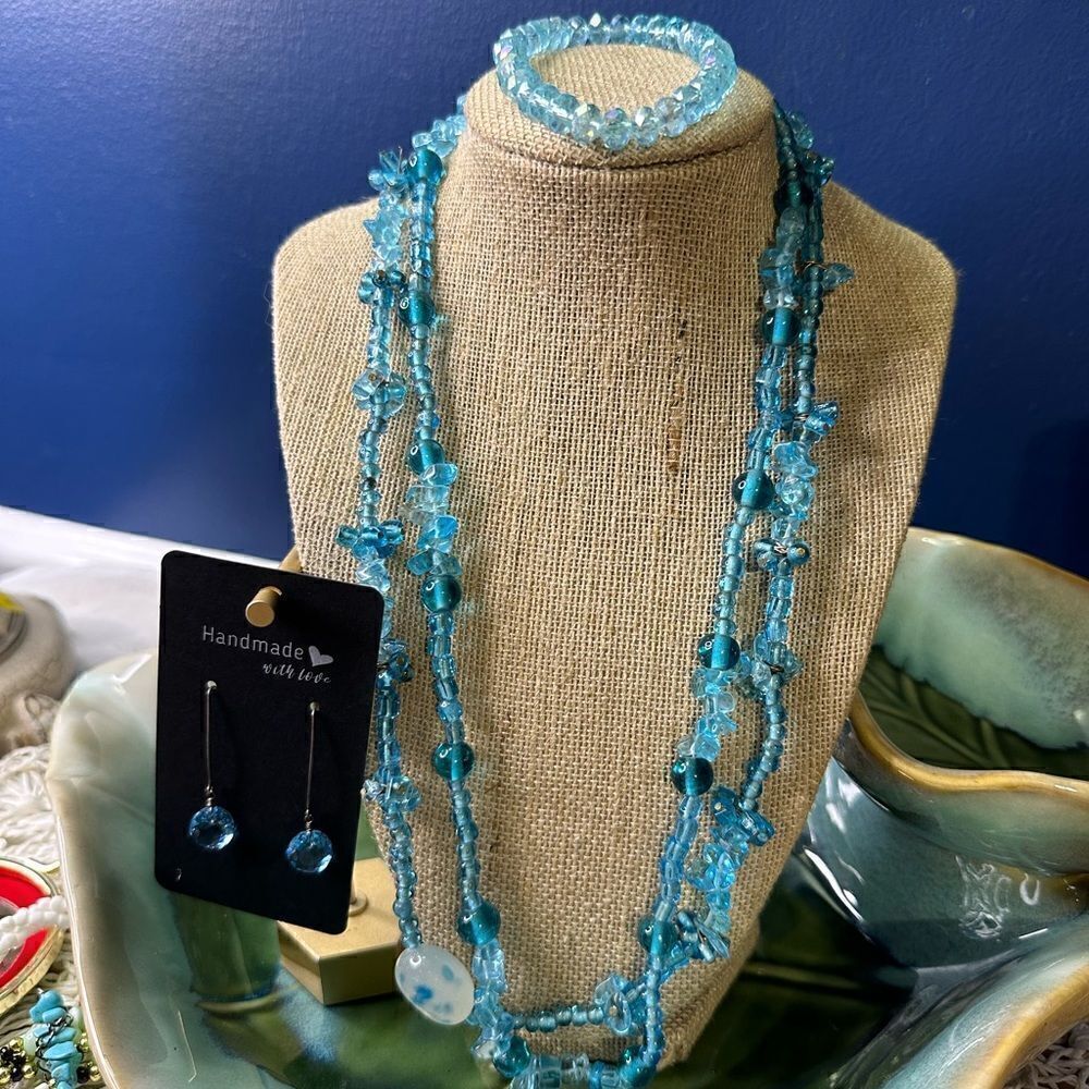 Vintage Blue Glass Necklace Multi Strand Necklace Crystal Earrings & Bracelet